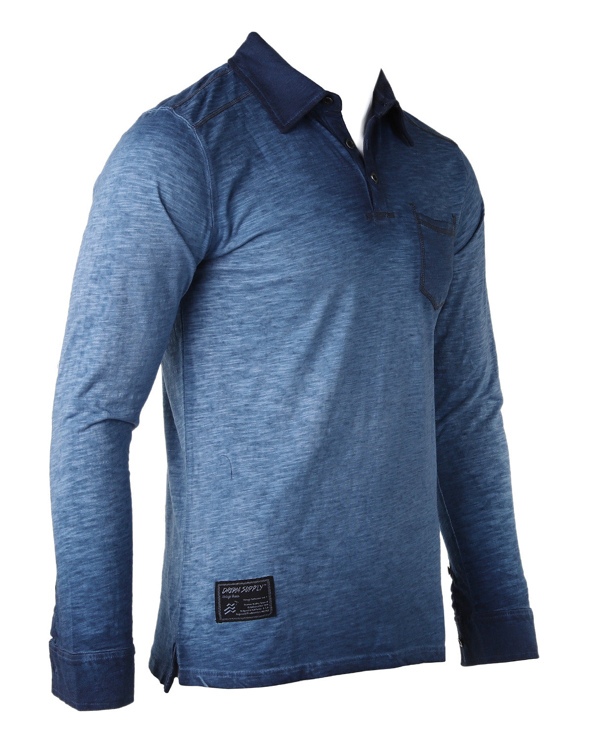 Long Sleeve Oil Wash Vintage Henley Button Cuffs Pocket Polo T-Shirt