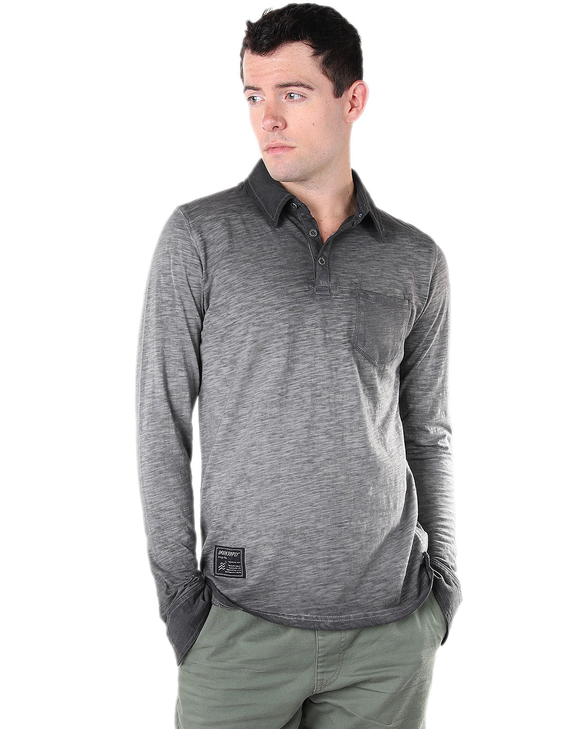 Long Sleeve Oil Wash Vintage Henley Button Cuffs Pocket Polo T-Shirt