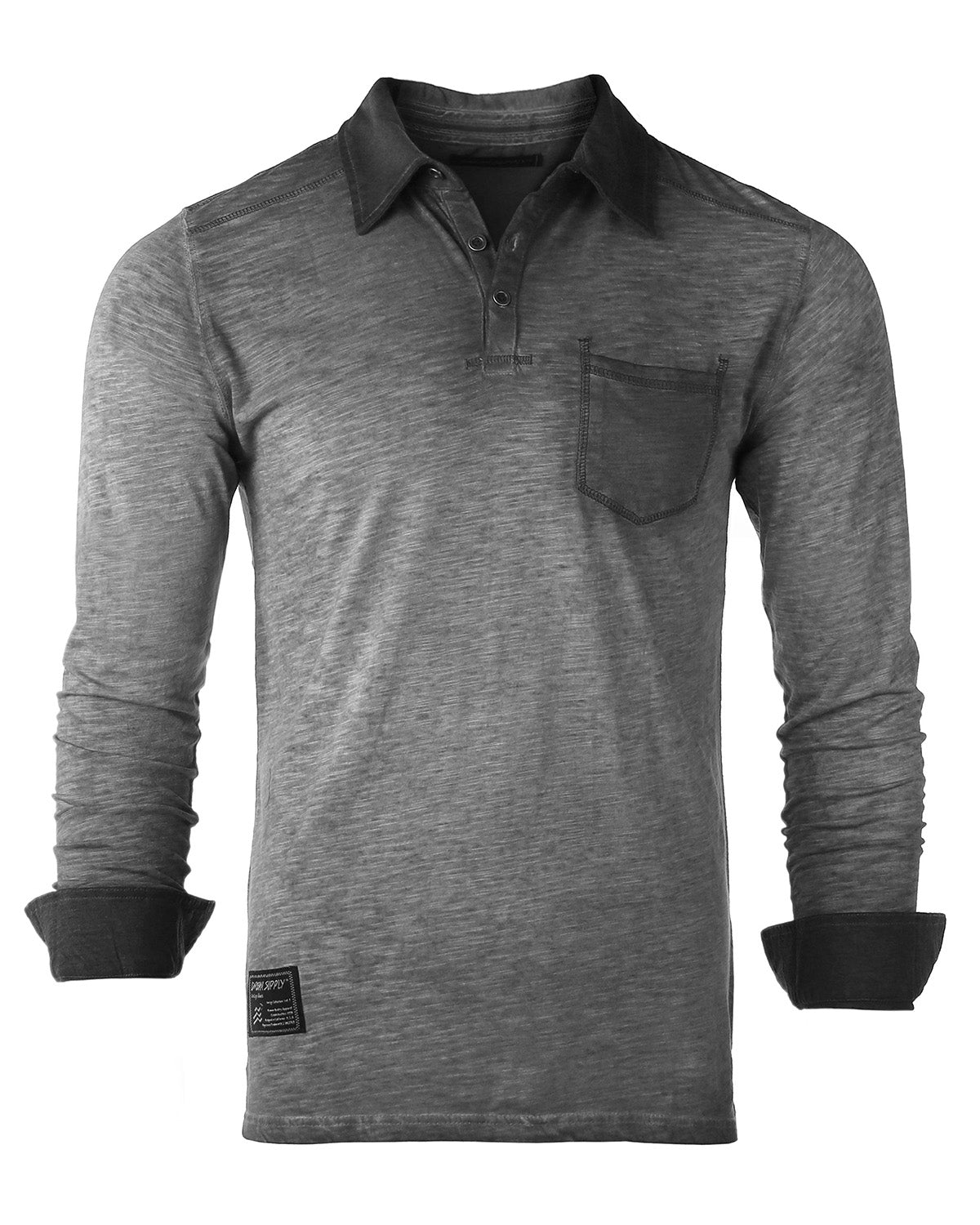 Long Sleeve Oil Wash Vintage Henley Button Cuffs Pocket Polo T-Shirt