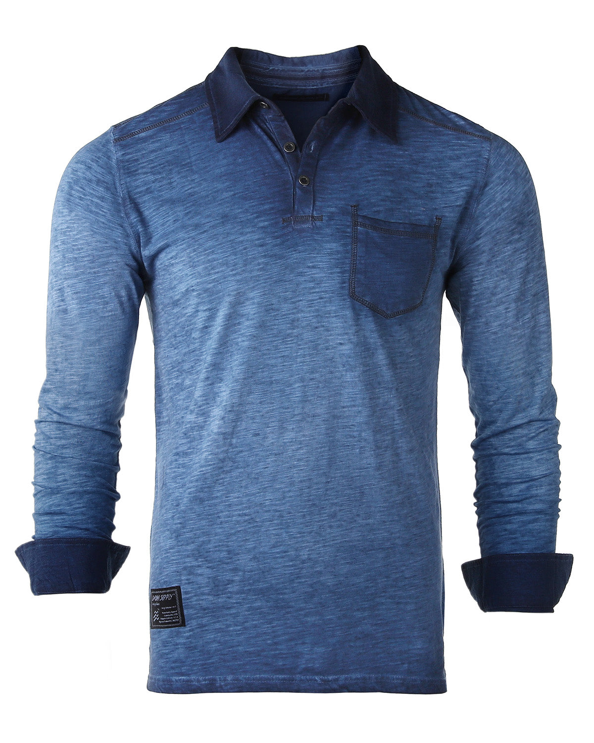Long Sleeve Oil Wash Vintage Henley Button Cuffs Pocket Polo T-Shirt