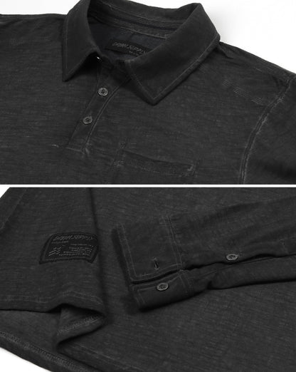 Long Sleeve Oil Wash Vintage Henley Button Cuffs Pocket Polo T-Shirt